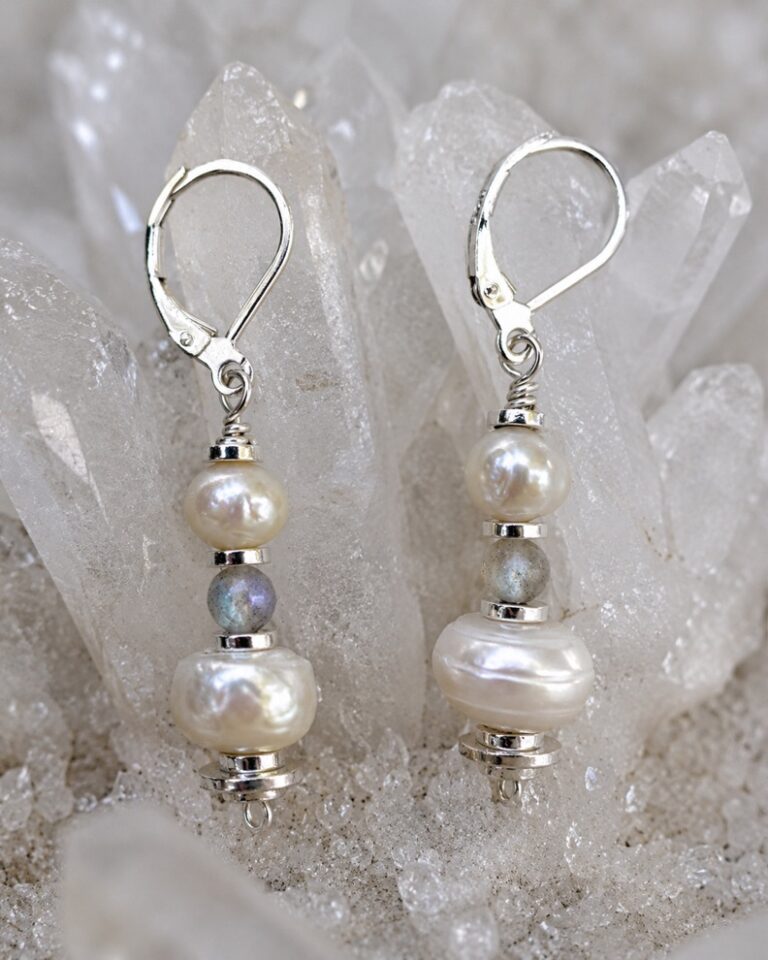 Photograph of Sterling Silver Pearl & Labradorite Earrings with French Lever Backs