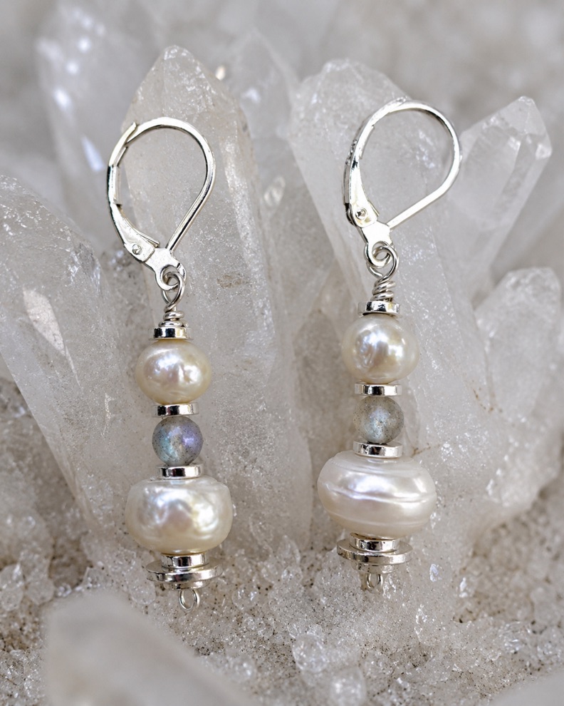 Photograph of Sterling Silver Pearl & Labradorite Earrings with French Lever Backs