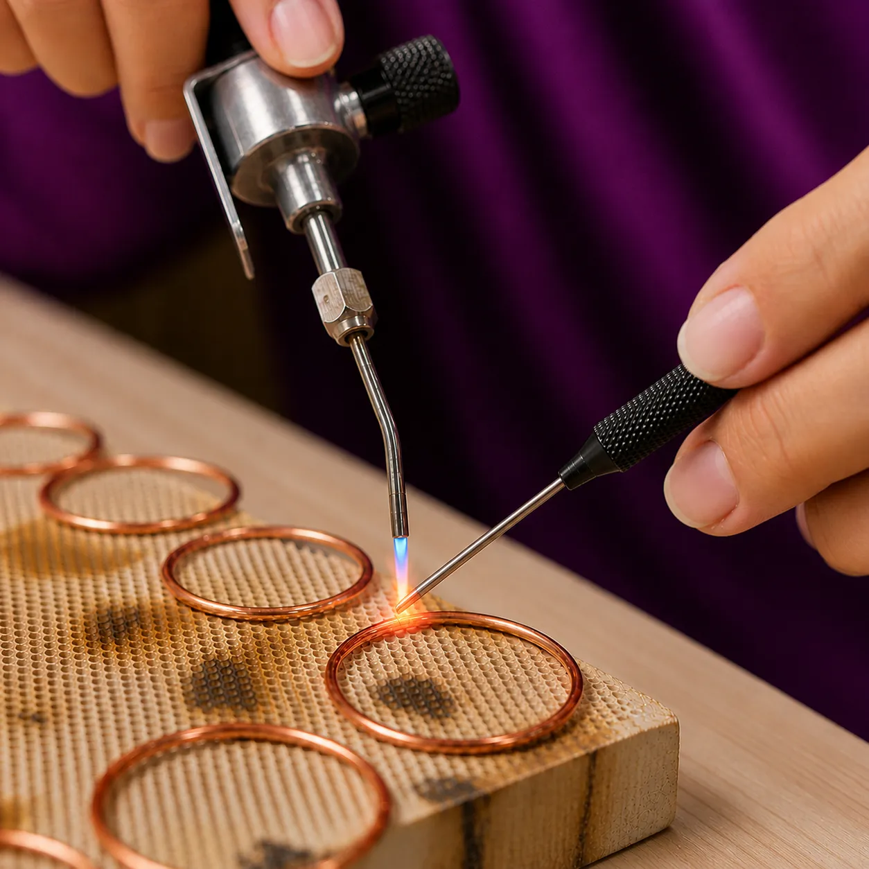 Kelley soldering American copper rings for a newly designed jewelry piece.